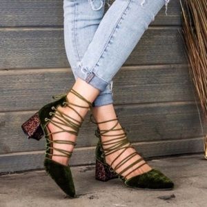 NIB Olive Velvet Lace-Up Glitter Heel Pumps Shoes